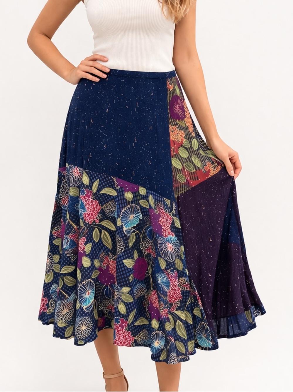 Vintage 80s Patchwork Broomstick Midi Skirt Women’s Size Large Floral Cottage